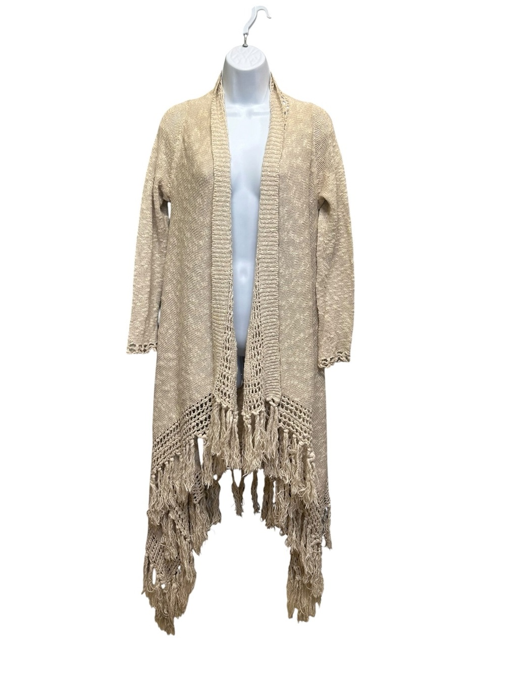 Lucky Brand Neutral Draped Open Front Fringed Duster Linen Blend Cardigan Size S